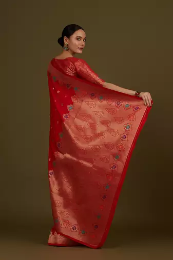 Red banarasi silk blend saree with zari woven work