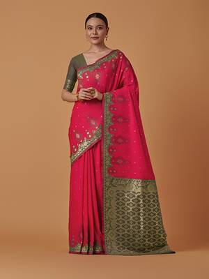 Pink banarasi silk blend saree with zari woven work 1