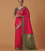 Pink banarasi silk blend saree with zari woven brocade design & unstitched blouse piece