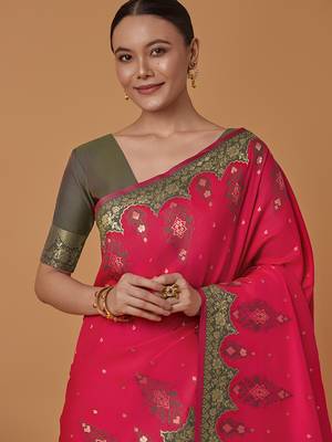 Pink banarasi silk blend saree with zari woven work 3