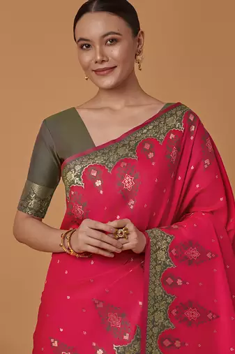 Pink banarasi silk blend saree with zari woven work