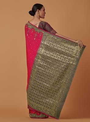 Pink banarasi silk blend saree with zari woven work 4