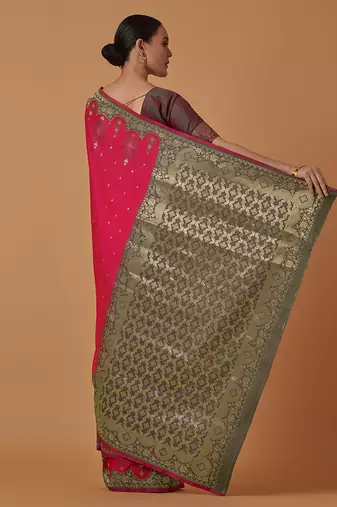 Pink banarasi silk blend saree with zari woven work