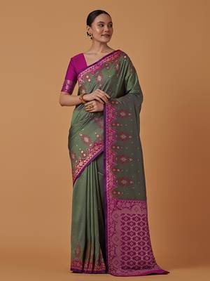 Olive banarasi silk blend saree with zari woven work 1