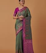 Olive banarasi silk blend saree with zari woven brocade design & unstitched blouse piece