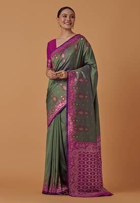 Olive banarasi silk blend saree with zari woven work 2