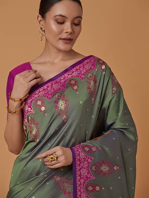 Olive banarasi silk blend saree with zari woven work 3