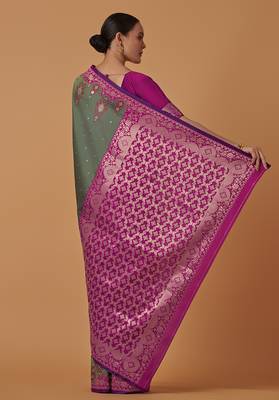 Olive banarasi silk blend saree with zari woven work 4