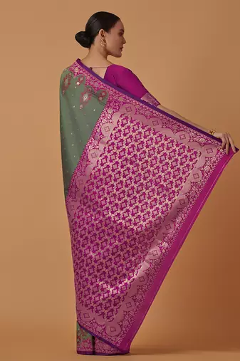 Olive banarasi silk blend saree with zari woven work