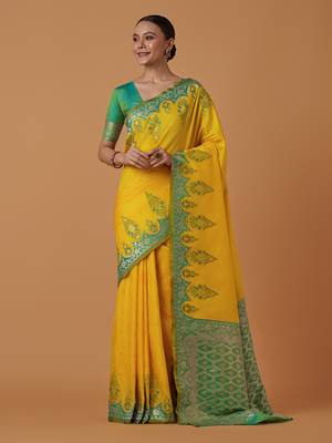 Yellow banarasi silk blend saree with zari woven work 1