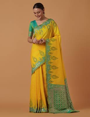 Yellow banarasi silk blend saree with zari woven work 2