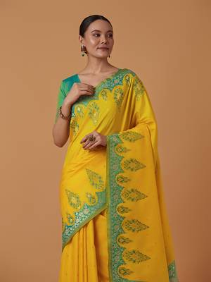 Yellow banarasi silk blend saree with zari woven work 3