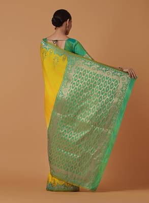 Yellow banarasi silk blend saree with zari woven work 4
