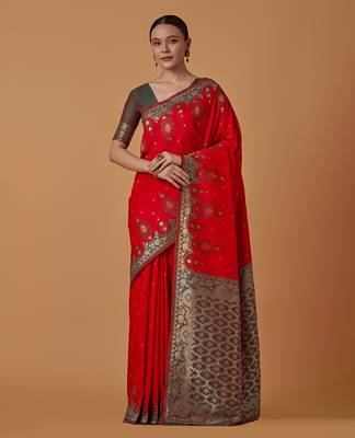 Red banarasi silk blend saree with zari woven work 1