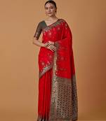 Red banarasi silk blend saree with zari woven work