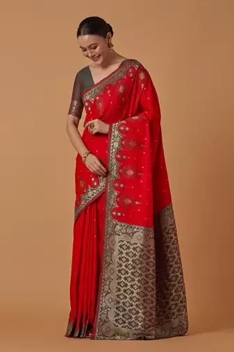 Red banarasi silk blend saree with zari woven work