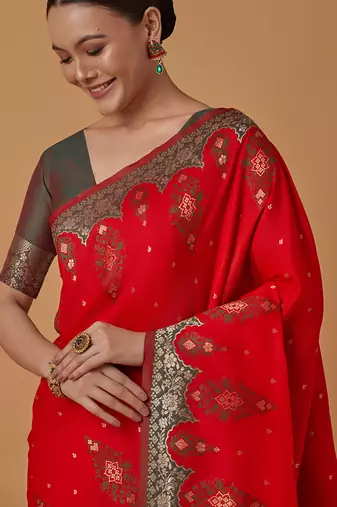 Red banarasi silk blend saree with zari woven work