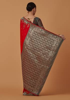Red banarasi silk blend saree with zari woven work 4