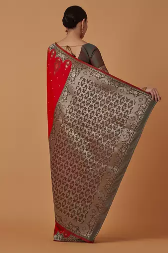 Red banarasi silk blend saree with zari woven work