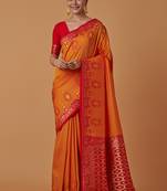 Amber banarasi silk blend saree with zari woven brocade design & unstitched blouse piece