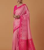 Light pink banarasi silk blend saree with zari woven brocade design & unstitched blouse piece
