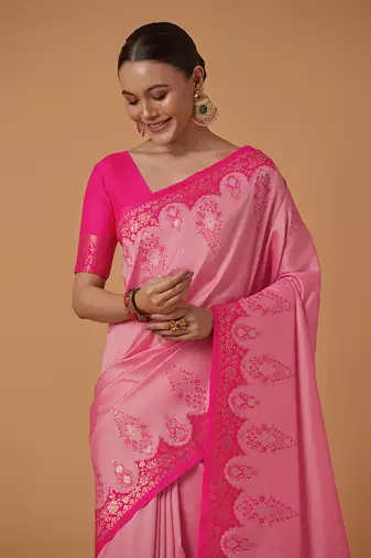 Light pink banarasi silk blend saree with zari woven work