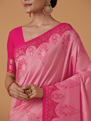 Light pink banarasi silk blend saree with zari woven work 4