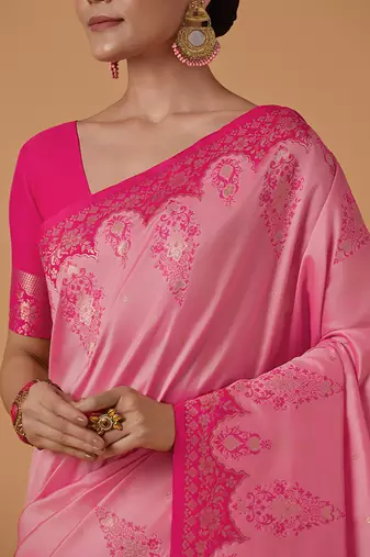 Light pink banarasi silk blend saree with zari woven work