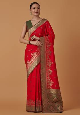Red banarasi silk blend saree with dulha dulhan zari woven detailing 1