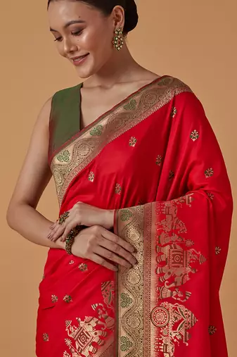 Red banarasi silk blend saree with dulha dulhan zari woven detailing