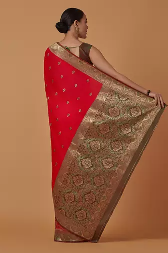 Red banarasi silk blend saree with dulha dulhan zari woven detailing