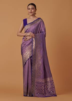 Lavender banarasi silk blend saree with dulha dulhan zari woven detailing 1
