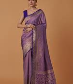 Lavender banarasi silk blend saree with dulha dulhan zari woven detailing