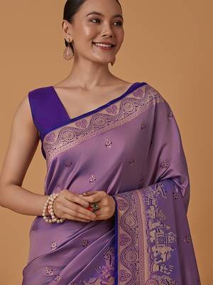 Lavender banarasi silk blend saree with dulha dulhan zari woven detailing 3