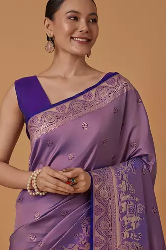 Lavender banarasi silk blend saree with dulha dulhan zari woven detailing