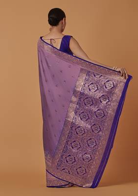 Lavender banarasi silk blend saree with dulha dulhan zari woven detailing 4