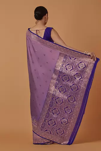 Lavender banarasi silk blend saree with dulha dulhan zari woven detailing