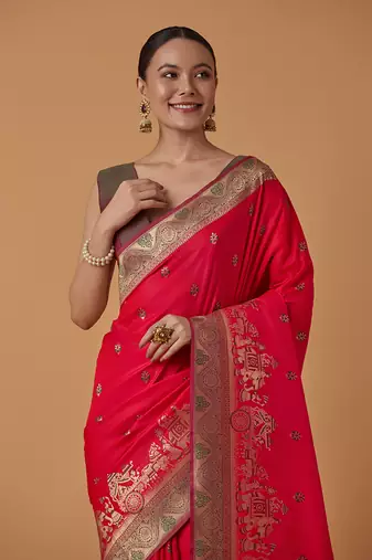 Pink banarasi silk blend saree with dulha dulhan zari woven detailing