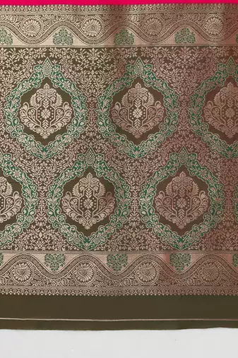 Pink banarasi silk blend saree with dulha dulhan zari woven detailing