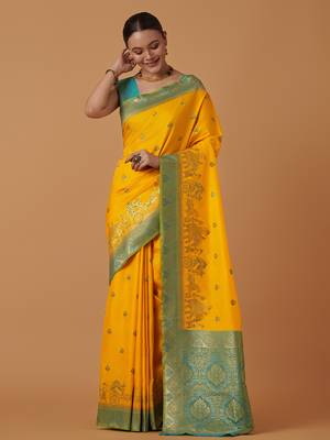 Yellow banarasi silk blend saree with dulha dulhan zari woven detailing 1