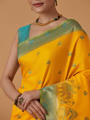 Yellow banarasi silk blend saree with dulha dulhan zari woven detailing 4