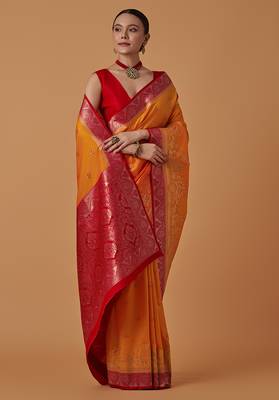 Amber banarasi silk blend saree with dulha dulhan zari woven detailing 2