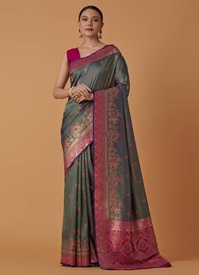 Olive banarasi silk blend saree with dulha dulhan zari woven detailing 1