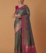 Olive banarasi silk blend saree with dulha dulhan zari woven detailing