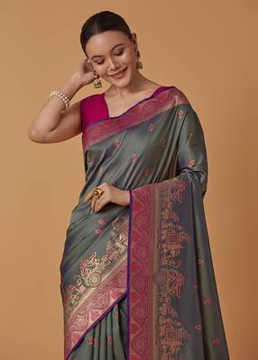 Olive banarasi silk blend saree with dulha dulhan zari woven detailing 2