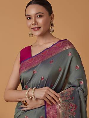 Olive banarasi silk blend saree with dulha dulhan zari woven detailing 3