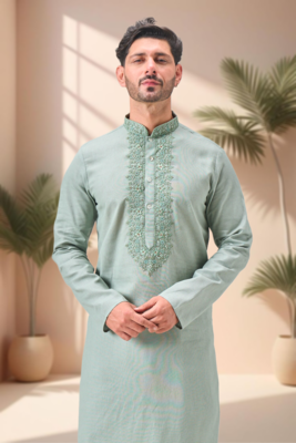 Green linen embroidery kurta pajama set 3