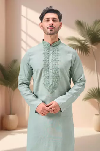 Green linen embroidery kurta pajama set