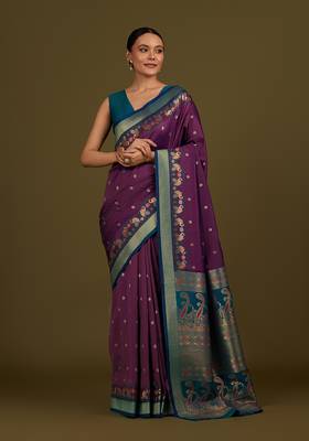 Dark purple banarasi silk blend saree with paisley zari pallu 1