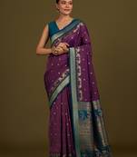 Dark purple banarasi silk blend saree classic paisley zari pallu & unstitched blouse